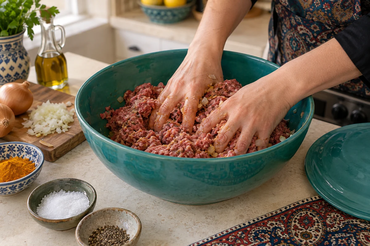 Koobideh à la poêle, étape 2 : Pétrir et refroidir